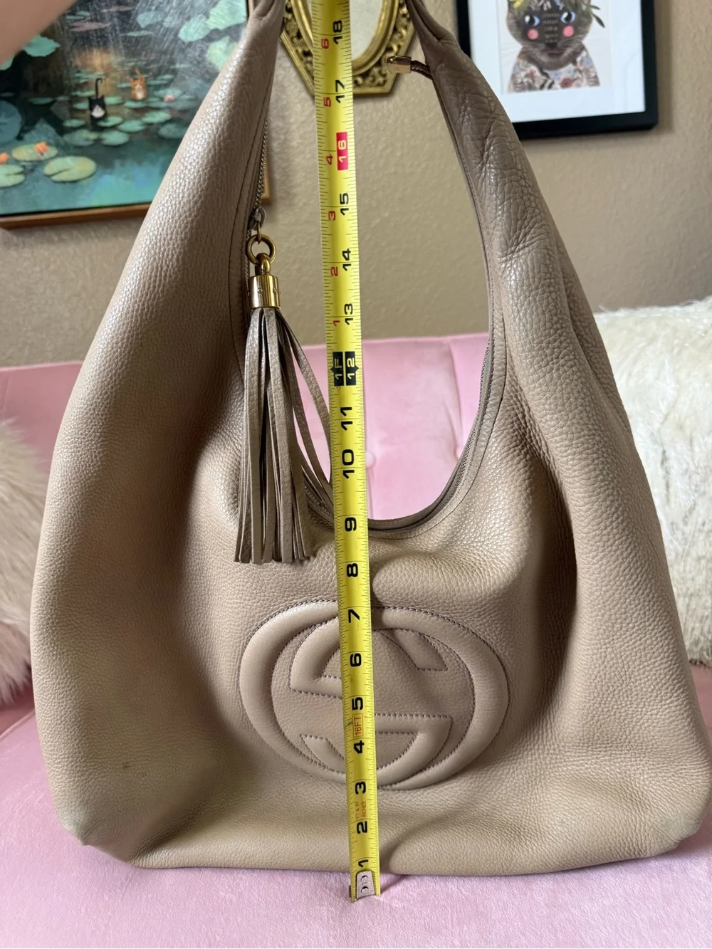 💯Authentic Gucci SOHO Pebbled Tan Leather Hobo Bag Shoulder Bag w Tassel
